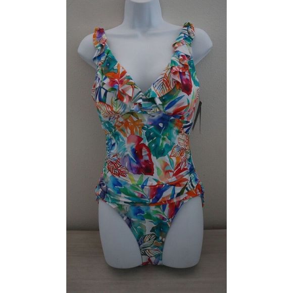 Ralph Lauren Sz 10 Tropical Print Ruffle Surplice Underwire 1-Pc Swimsuit $140 - Picture 1 of 11